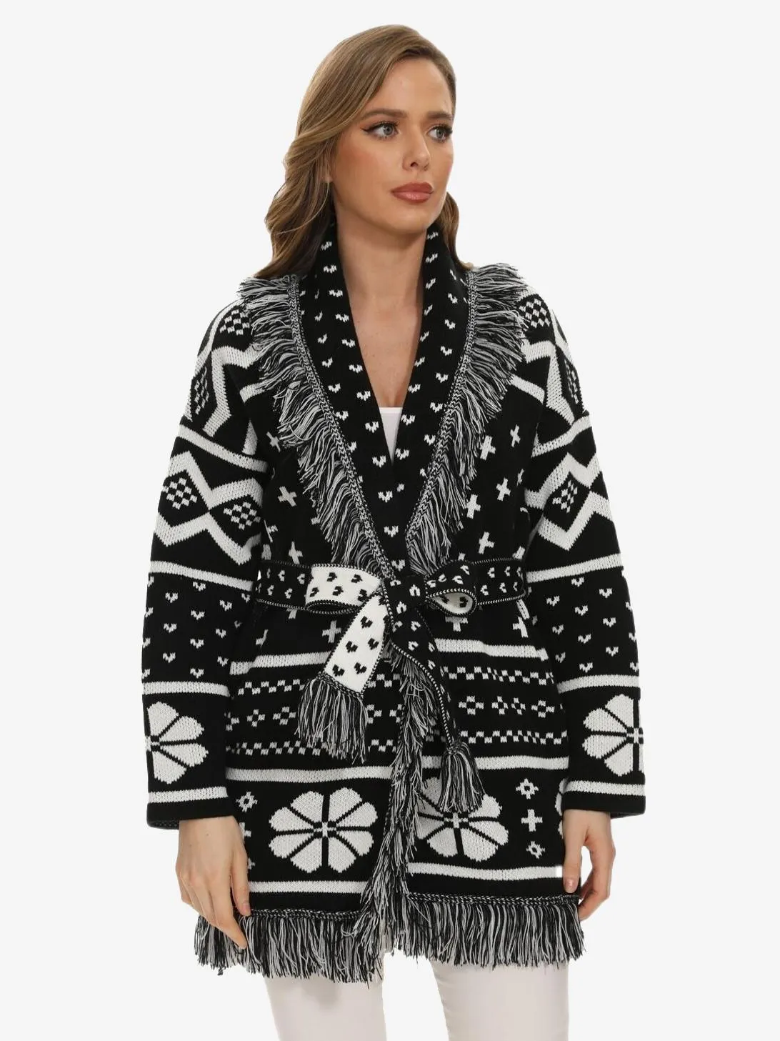 Open Front Cardigans Tassel Trim Belted Drop Shoulder Wool Blend Sweater