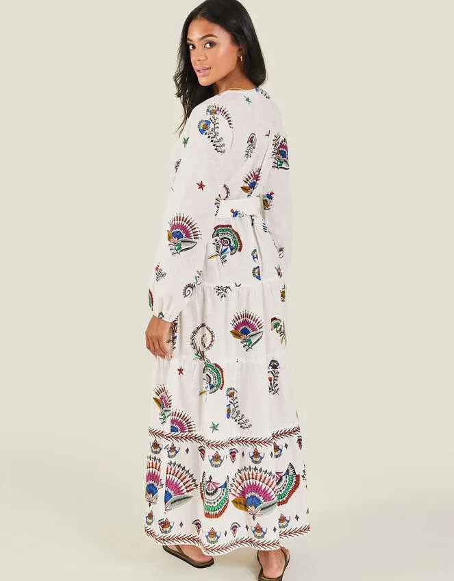 Fan Print Long Sleeve Tiered Dress Ivory