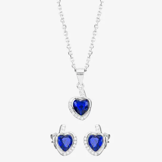 Silver Blue Cubic Zirconia Wrapped Heart Pendant and Earring Set E614598+E614598-P