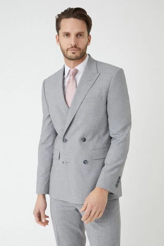 Slim Fit Double Breasted Light Grey Textured Suit Jacket