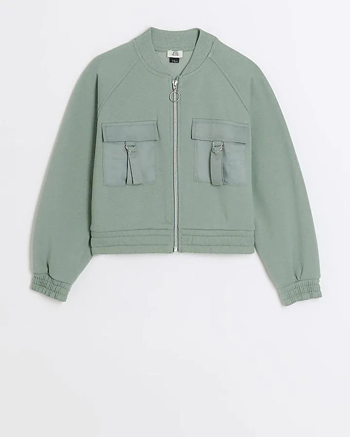 Girls khaki zip up cargo bomber jacket