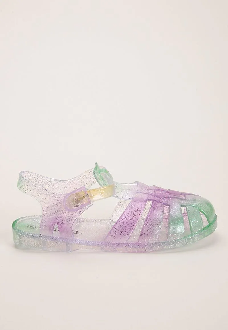 Younger Girls Green and Pink Glitter Jelly Sandals