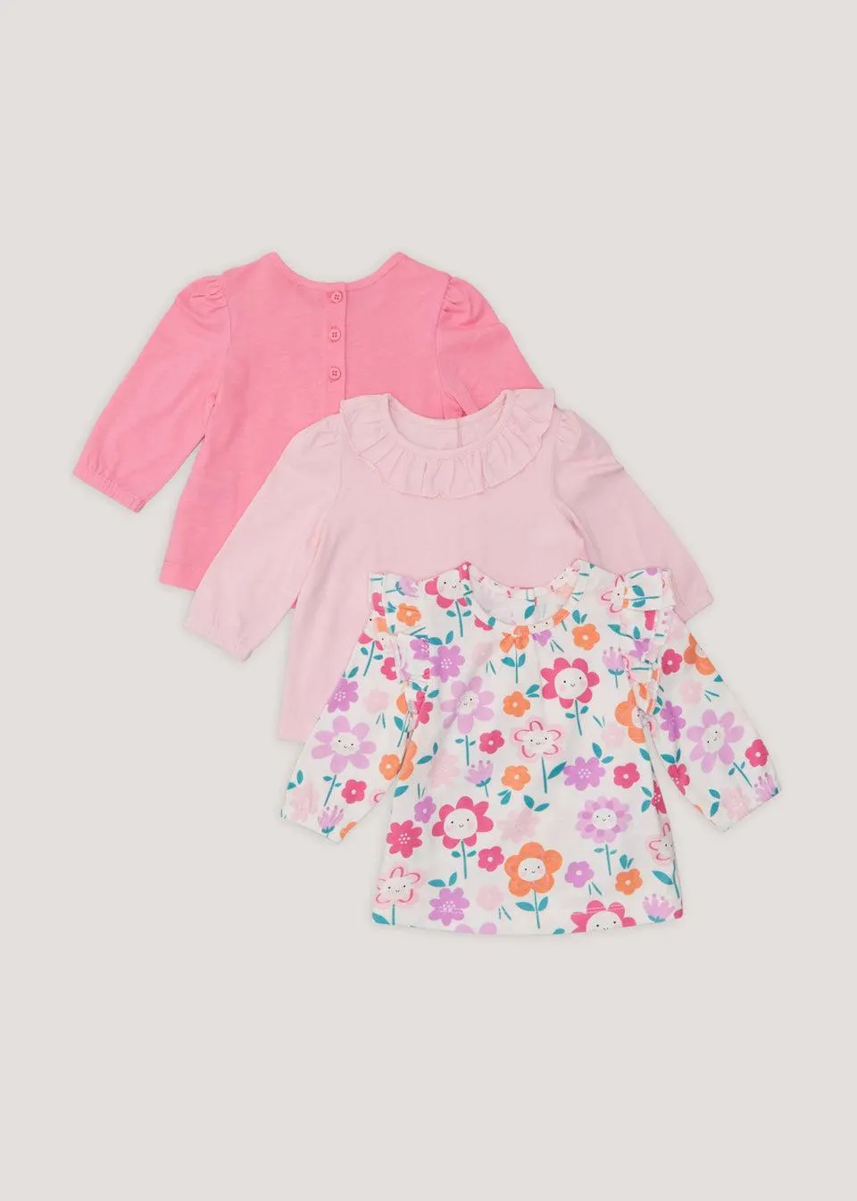 Baby 3 Pack Pink Flower Print Long Sleeve T-Shirts (Newborn-23mths)