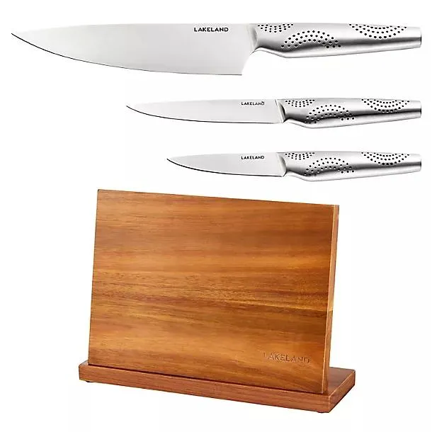 Lakeland Acacia Magnetic Knife Block Stainless Steel 3-Piece Knife Bundle