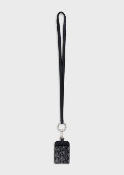 Leather badge holder with all-over Armani Sustainability Values logo
