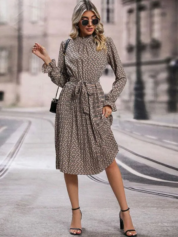 Floral Dress Midi Dress Crocodile Long Sleeves High Collar Elegant Oversized Ruffles Wedding Dress Functional Buttons Long Fall