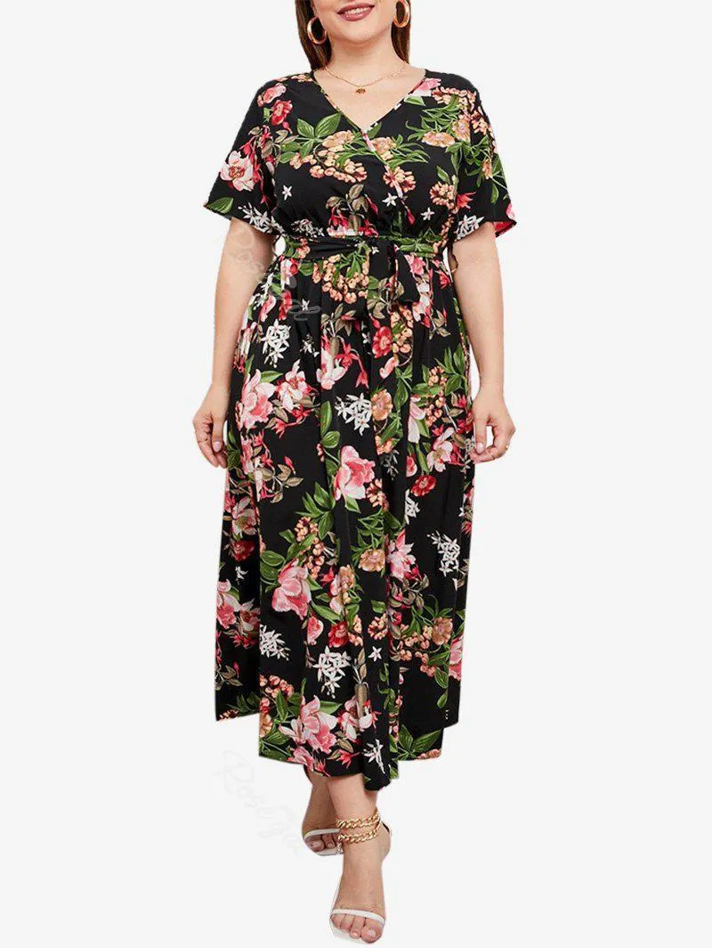 Plus Size Bloom Floral Belted Maxi Dress - 3xl