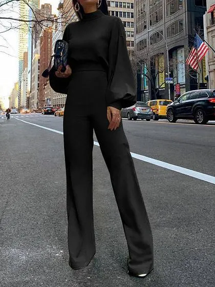 Black High Neck Long Sleeve Jumpsuit
