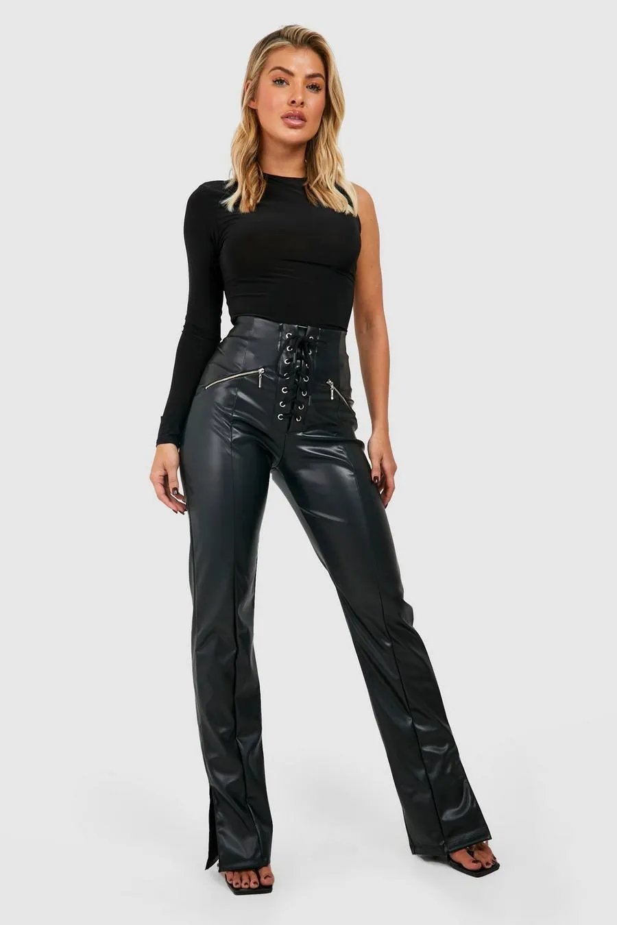 Lace Up Faux Leather Slim Fit Split Hem Trousers