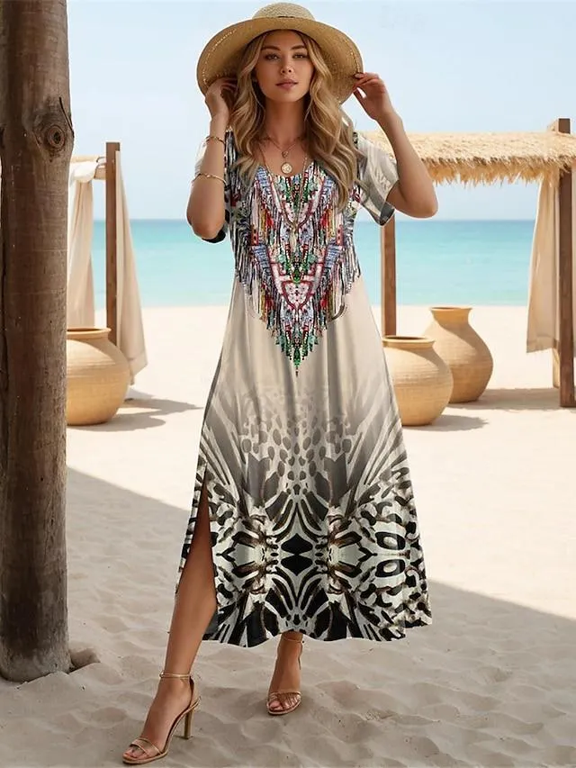 Women's Vintage Dress Casual Dress Leopard Tribal Split Print Crew Neck Long Dress Maxi Dress Vintage Ethnic Street Holiday Short Sleeve Regular Fit Blue Purple Green Summer S M L XL 2XL
