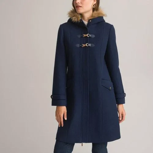 Mid-Length Hooded Coat with Faux Fur Trim