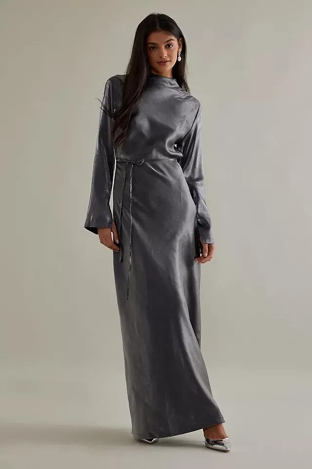 ALIGNE Lexi Metallic Long-Sleeve Bias Satin Maxi Dress