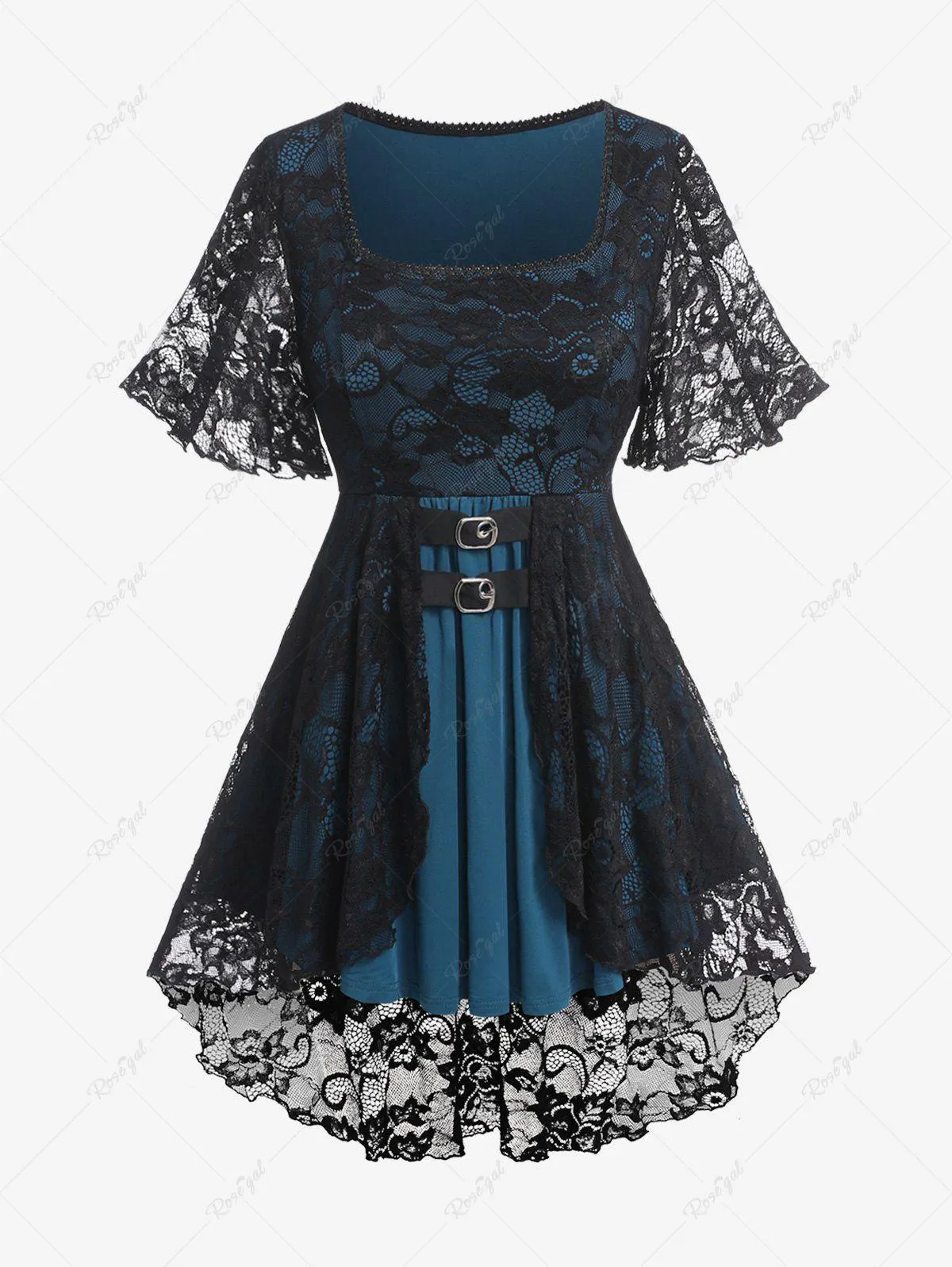 Plus Size Buckles Floral Lace Double Layered T-shirt - L | Us 12