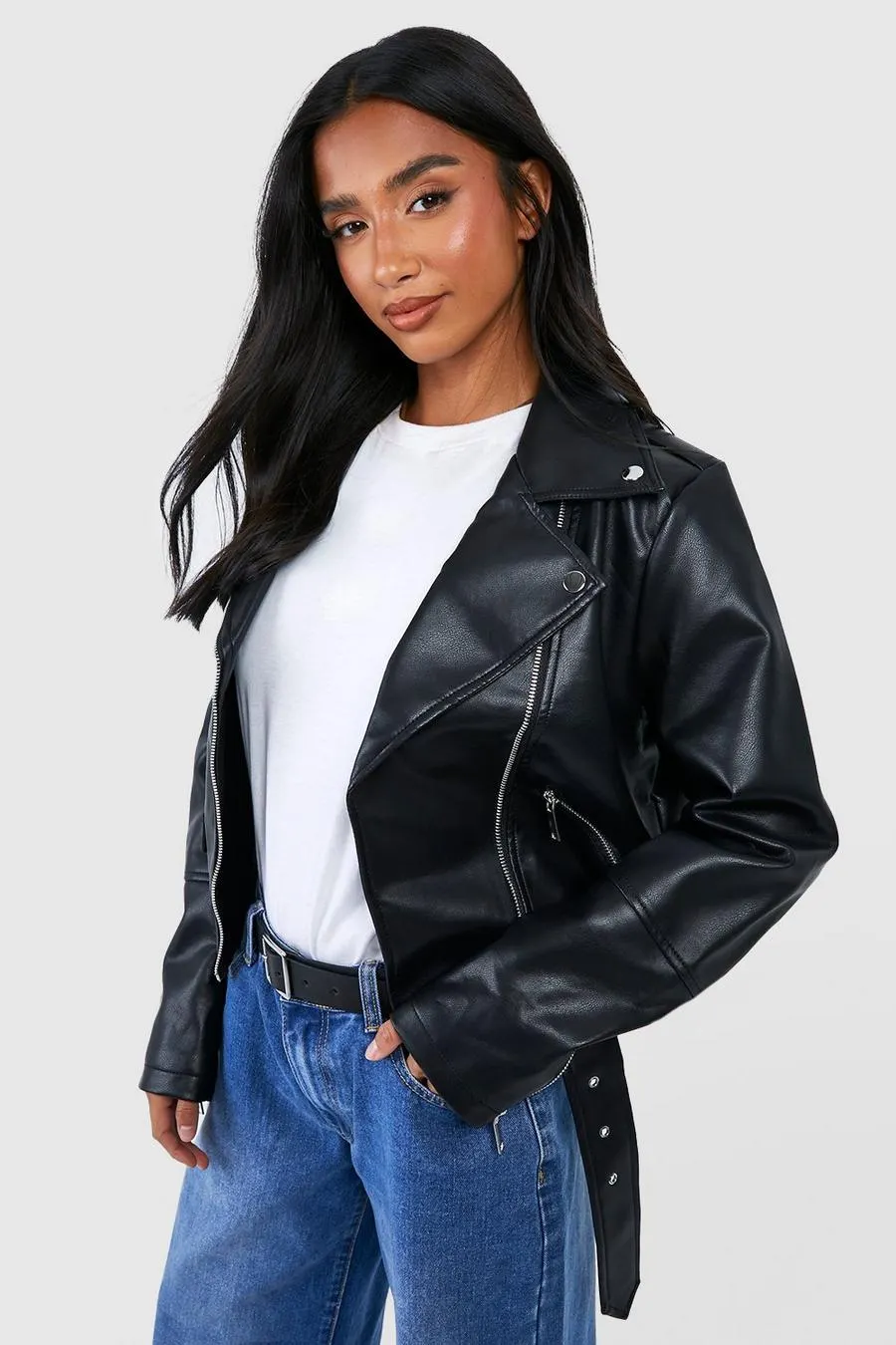 Petite Belted Biker Jacket