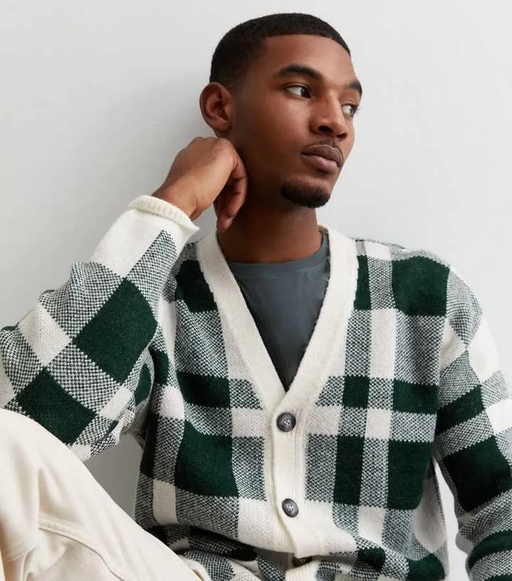 Dark Green Large Check Knit Oversized Cardigan