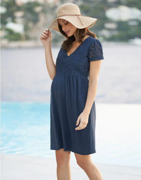 Navy Blue Broderie Anglais Maternity to breastfeeding Dress
