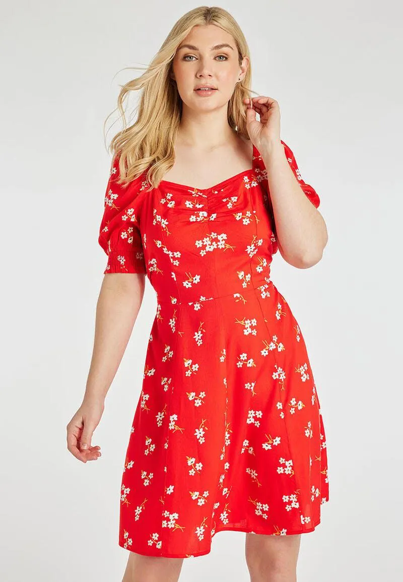 Womens Red Floral Knee Length Sweetheart Dress
