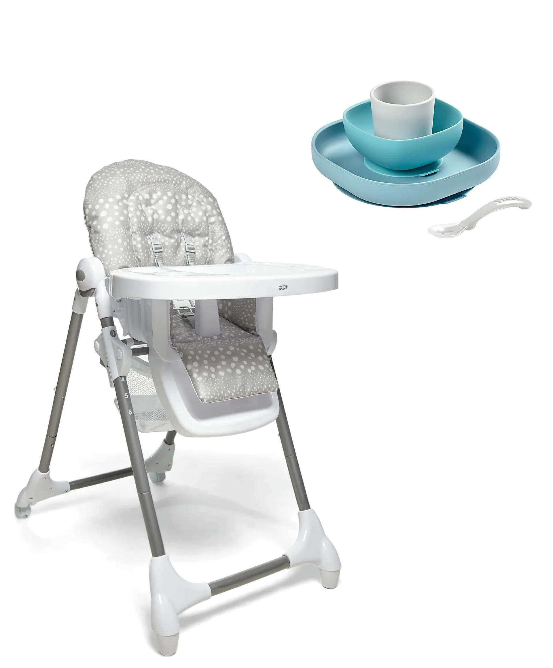 Snax Adjustable Grey Spot Highchair & Beaba Meal Set - Jungle Mist