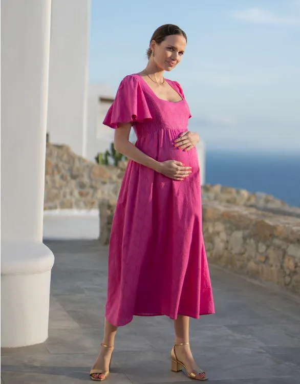 Fuchsia Pink Cotton Broderie Maternity & Nursing Dress