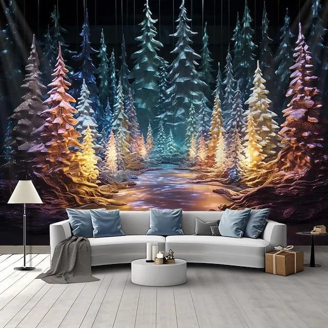 Tapiz colgante de bosque de Navidad, arte de pared, tapiz grande de Navidad, decoración mural, fotografía, telón de fondo, manta, cortina, decoración para el hogar, dormitorio y sala de estar