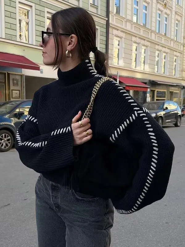 Oversized Pullover Mock Neck Long Sleeves Two-Tone Sweater's For Women