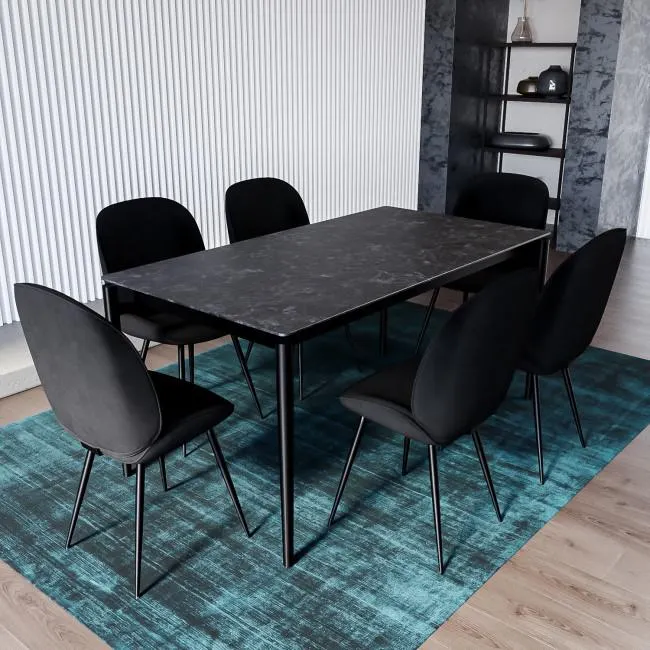 Black Marble Extendable Dining Table with 6 Black Velvet Dining Chairs - Camilla
