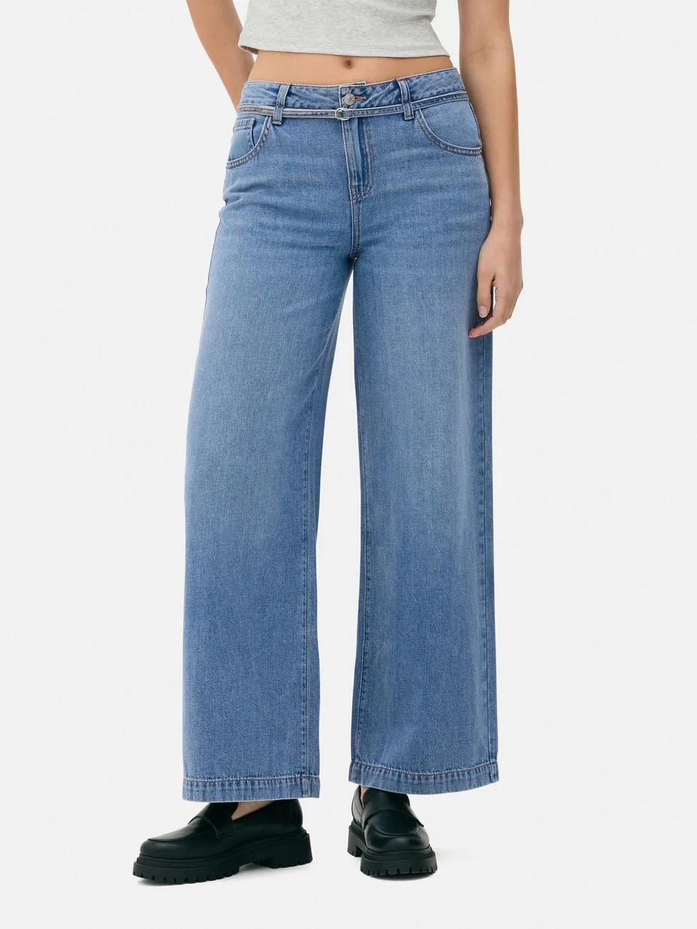 Mid-Rise Belted Wide Leg Jeans