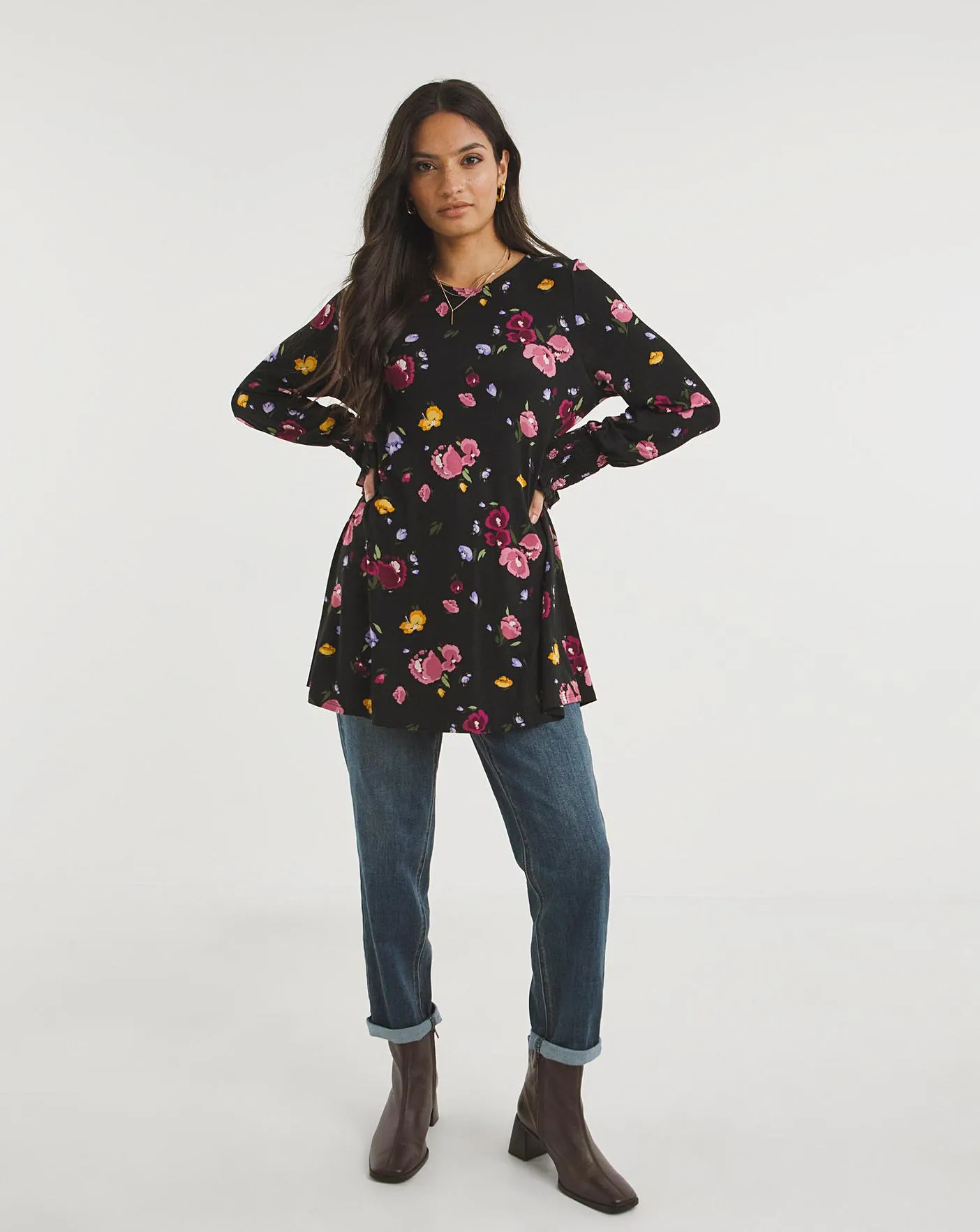 Black Floral Shirred Cuff Long Sleeve Swing Tunic