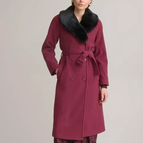 Wool Mix Double-Breasted Coat with Faux Fur Collar and Pockets
