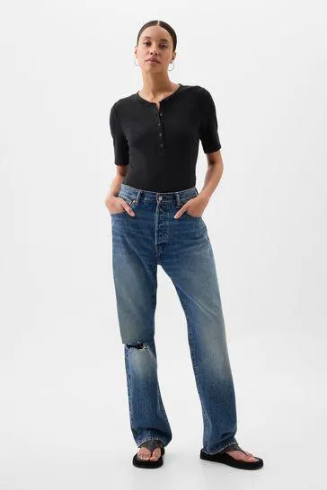 Ribbed Henley Quarter Sleeve Crew Neck T-Shirt