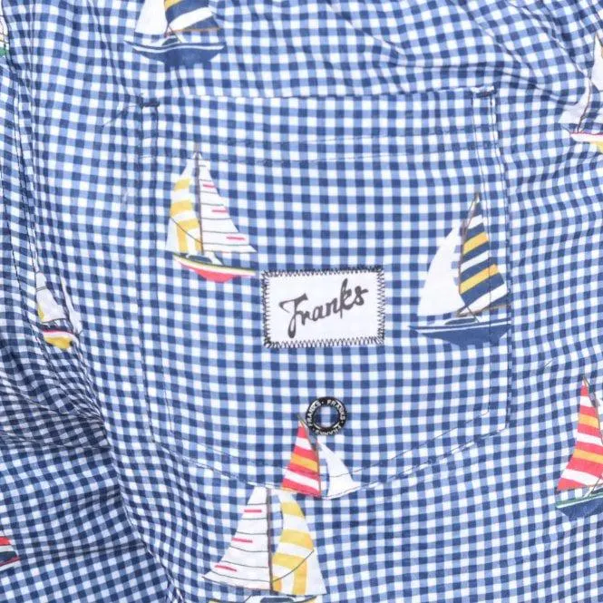 Franks Embossed Sailboats Seersucker Swim Shorts, Navy