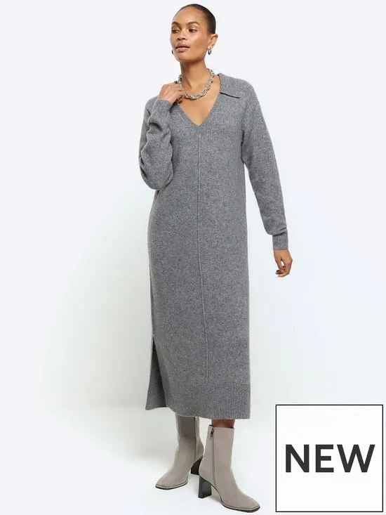 Polo Neck Jumper Dress - Dark Grey