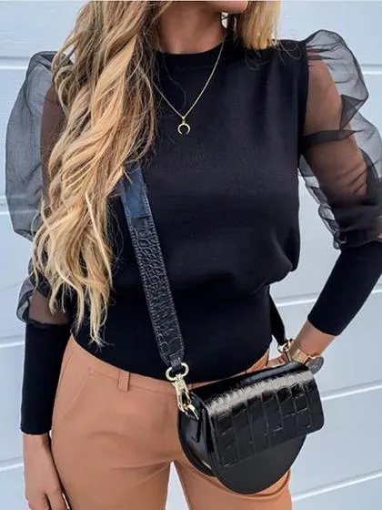 Black Sheer Mesh Panel Puff Sleeve Blouse