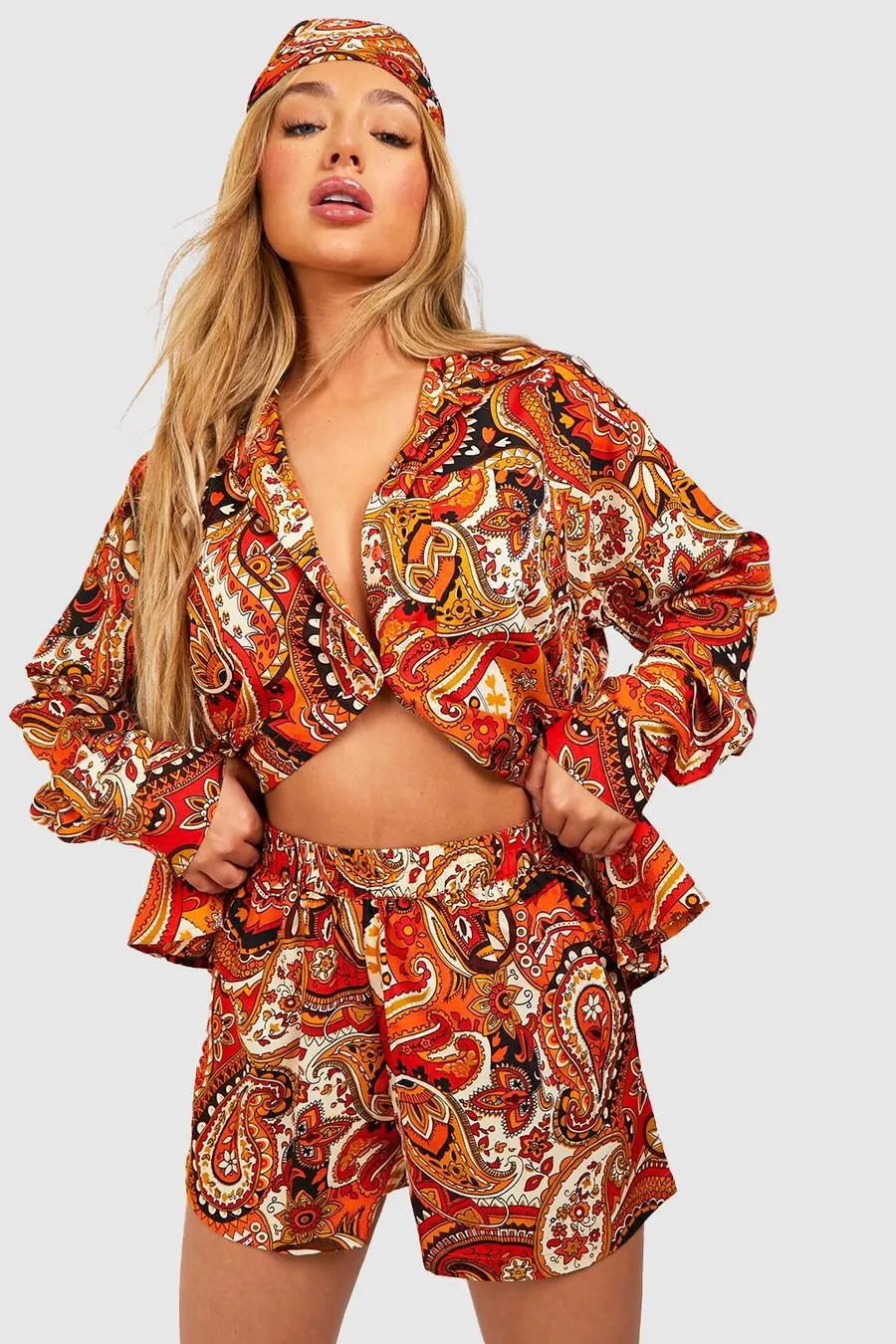 Paisley Print Relaxed Fit Shirt, Shorts & Headscarf