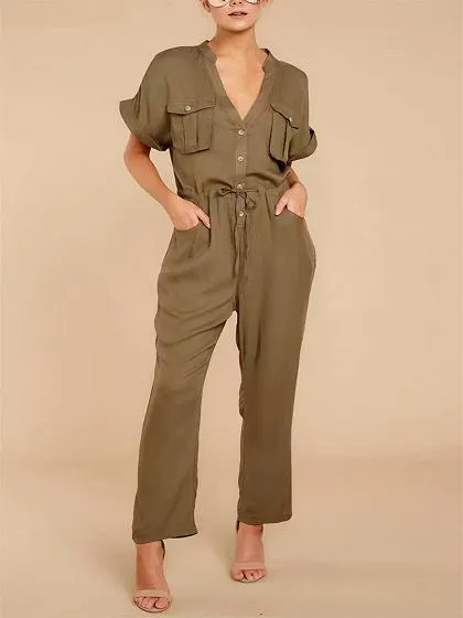 Army Green V-neck Drawstring Waist Romper Jumpsuit
