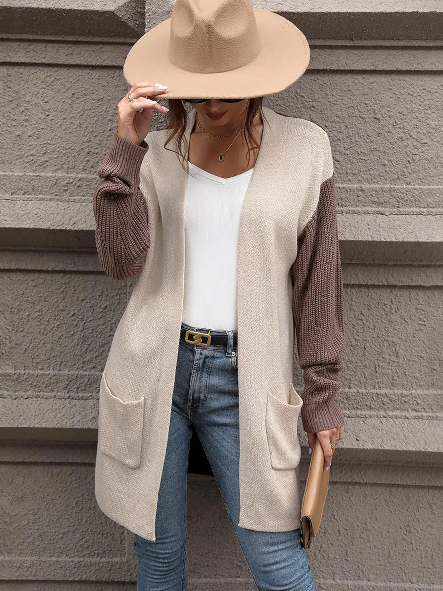 Sweaters Cardigans Khaki Polyester Color Block Long Sleeves V-Neck