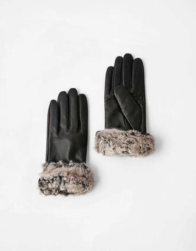 Leather and Faux Fur Gloves Black