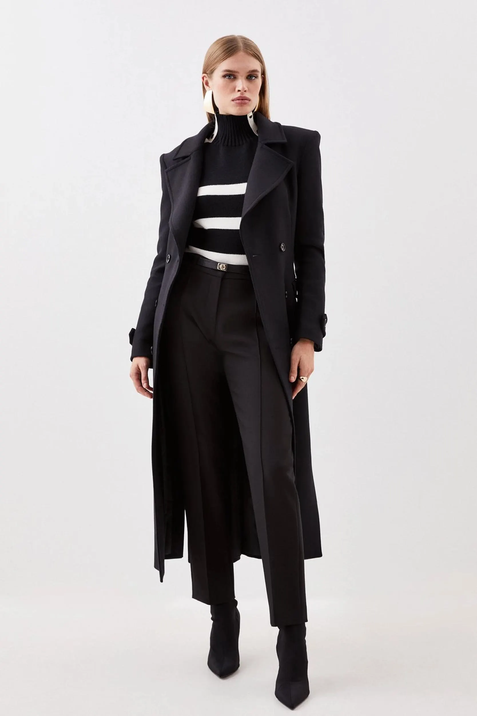 Italian Wool Double Breasted Tab Detail Belted Longline Coat