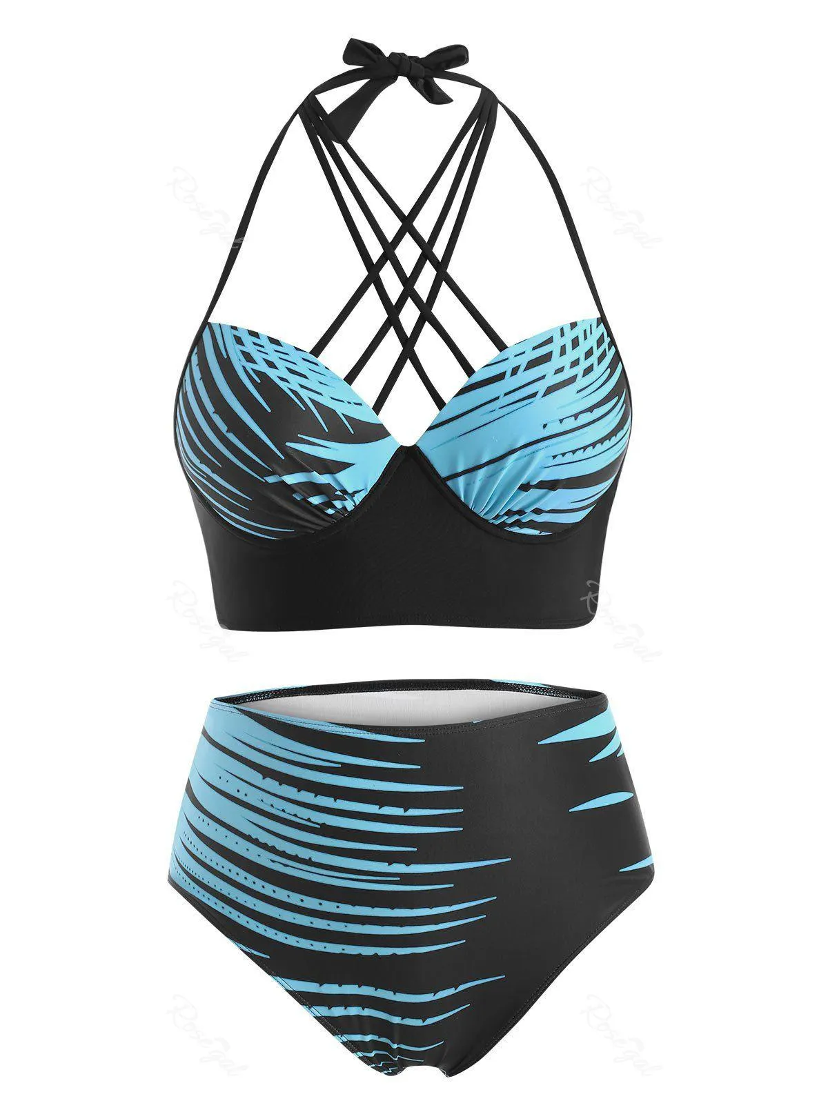 Plus Size Halter Lattice Abstract Print Push Up Bikini Swimwear - 5x