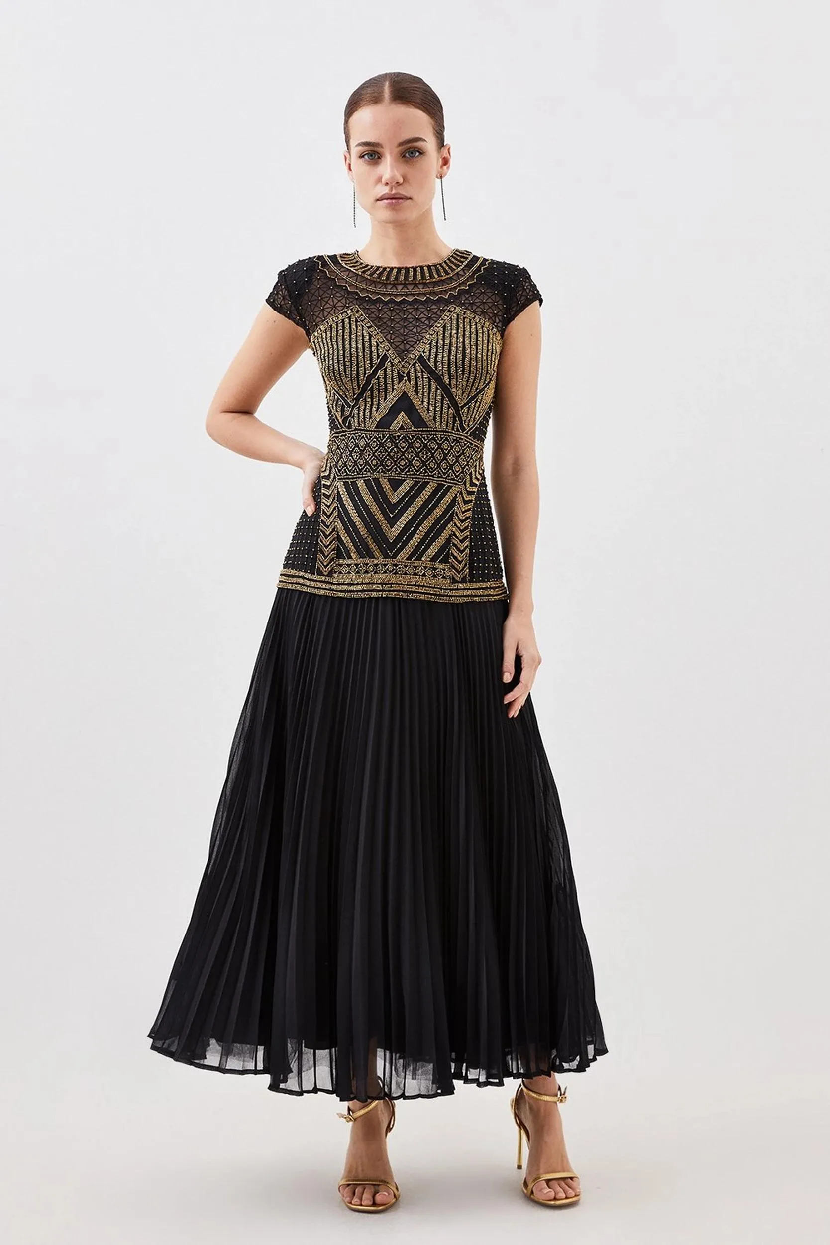 Petite Gold Embellished Pleated Woven Maxi Dress