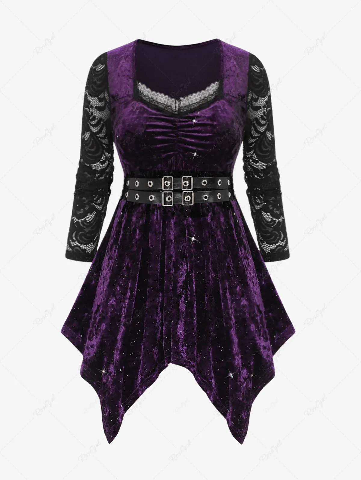 Plus Size Floral Lace Panel Ruched PU Buckle Belted Handkerchief Velvet T-shirt - 2x | Us 18-20