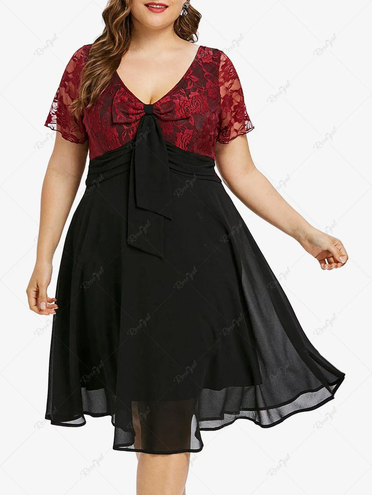 Plus Size Floral Lace Bowknot Embellished Layered Dress - 3x | Us 22-24