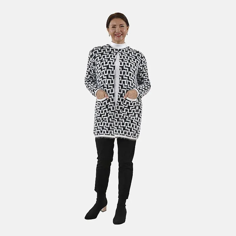 TAMSY Geometric Pattern Winter Coatigan with Pockets - Black and White Size 8 to 22
