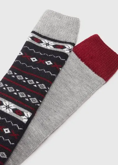 2 Pack Navy Fairisle Slipper Socks - Sizes 6 - 8.5