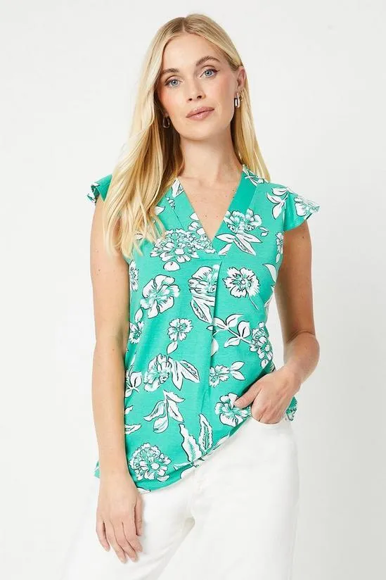 Petite Green Floral Jersey Sleeveless Frill Top
