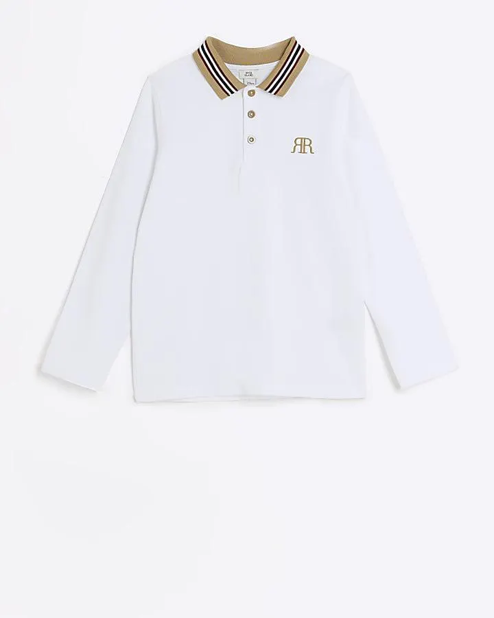 Boys white RI long sleeve polo
