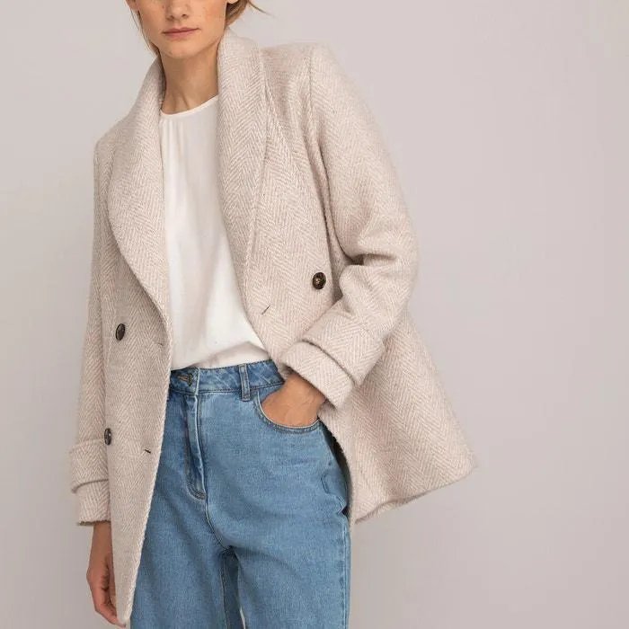 Herringbone Pea Coat with Shawl Collar