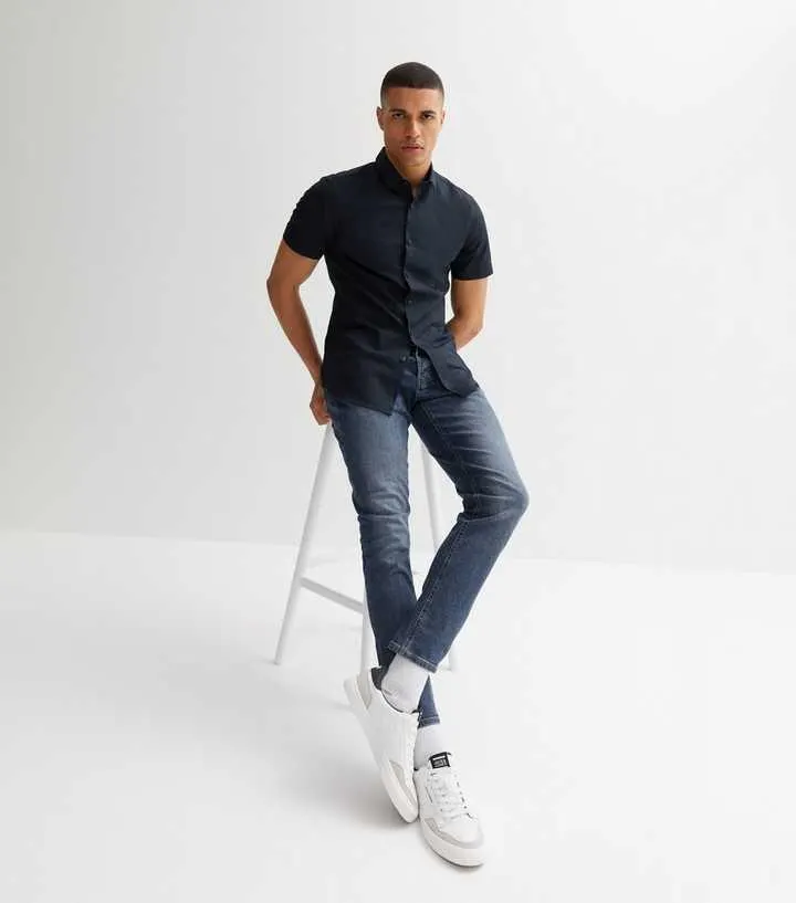 Navy Poplin Short Sleeve Muscle Fit Shirt