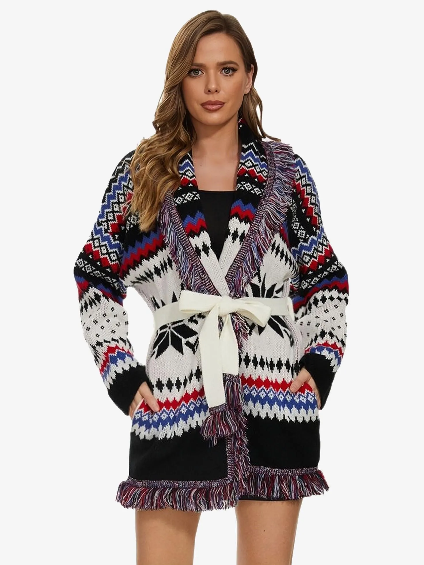 Jacquard Cardigans Herringbone Tassel Trim Belted Wool Blend Boho Sweater