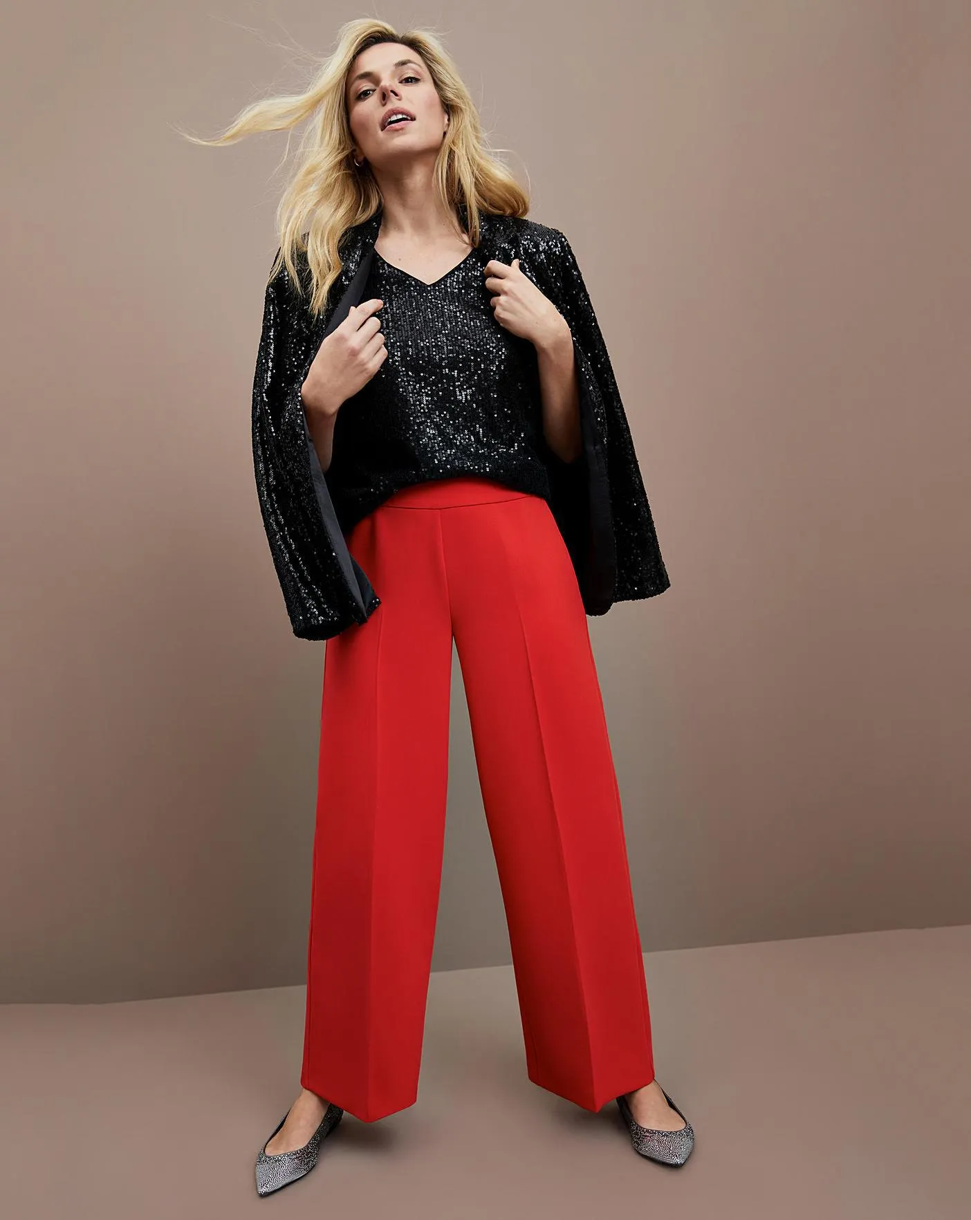 Red Crepe Wide Leg Trousers